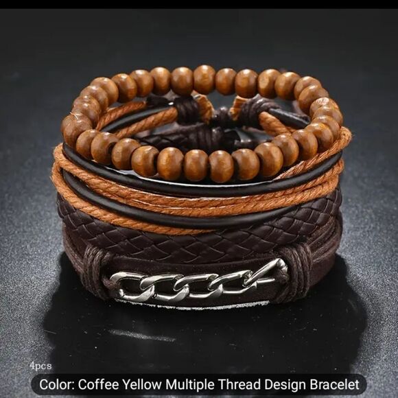4 men's bracelets leather layered braided brown new e19 - Picture 2 of 2